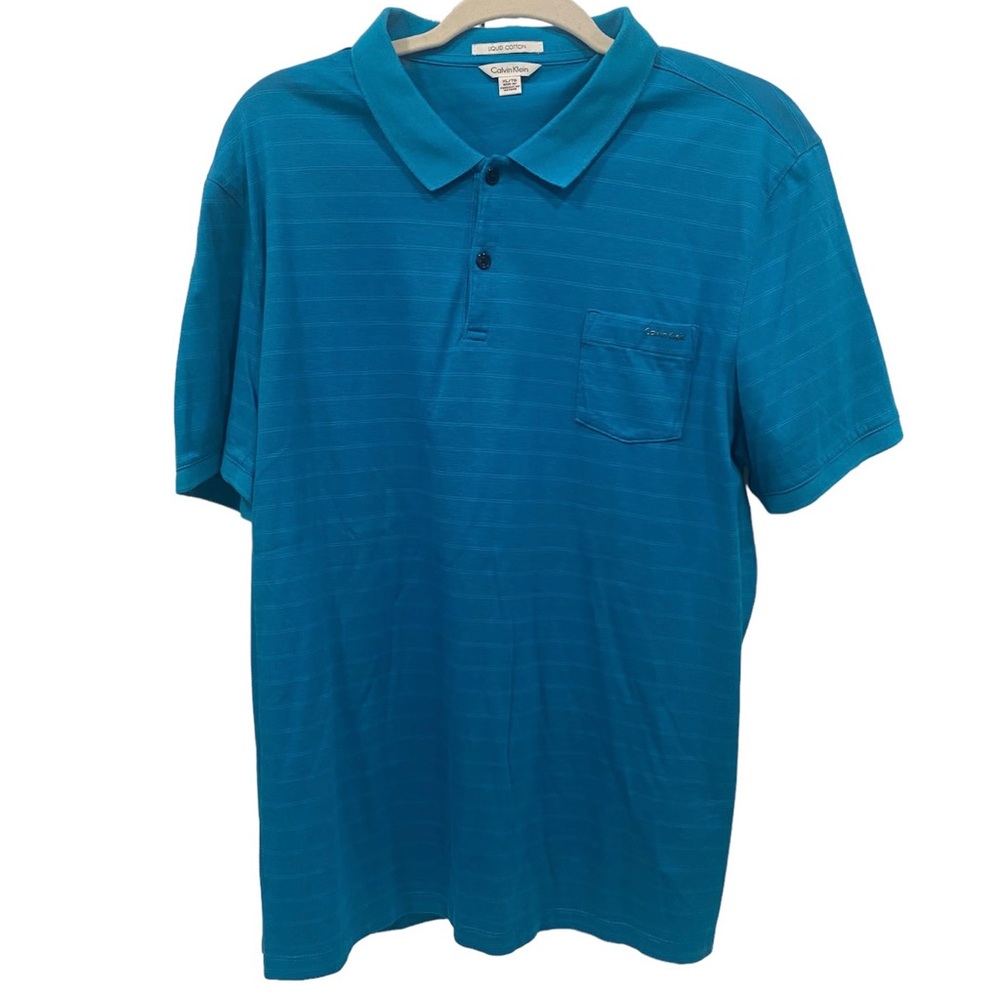 CALVIN KLEIN Men’s LIQUID COTTON Polo Shirt Blue Teal Pocket Short Sleeve XL